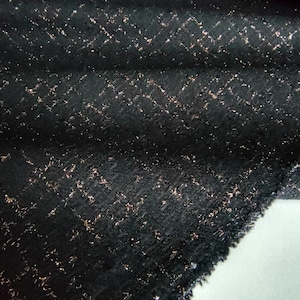 Black tweed boucle fabric, tweed boucle fabric with sparkling copper lurex thread, casual lurex pattern fabric for jackets by the yard.