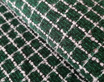 Green checkered bouclé fabric, tweed fabric, fabric by the yard