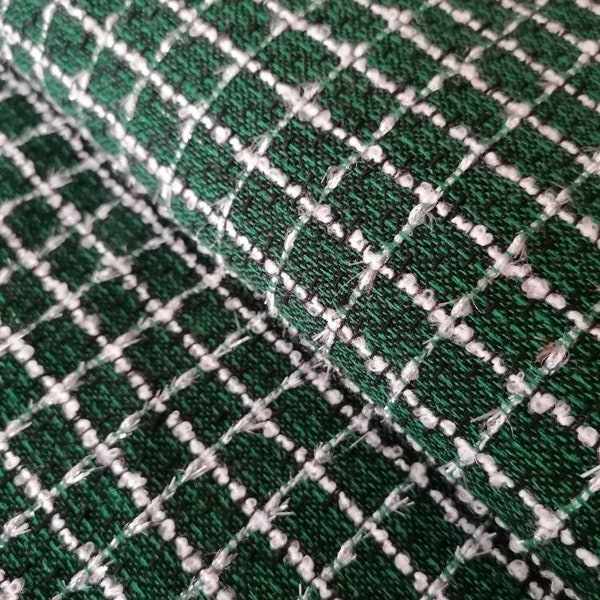 Green checkered bouclé fabric, tweed fabric, fabric by the yard