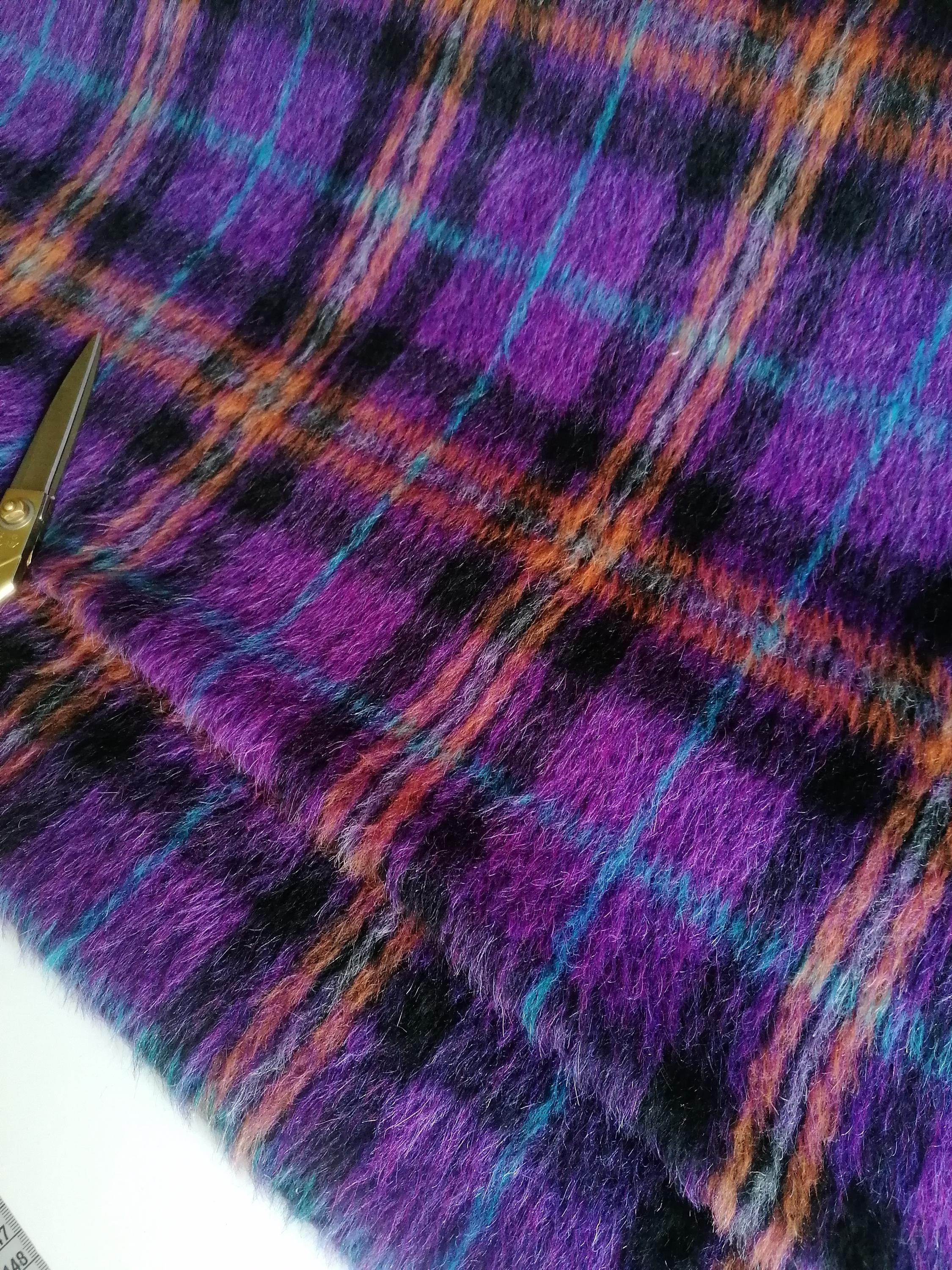 Purple plaid wool and mohair coat fabric by the yard