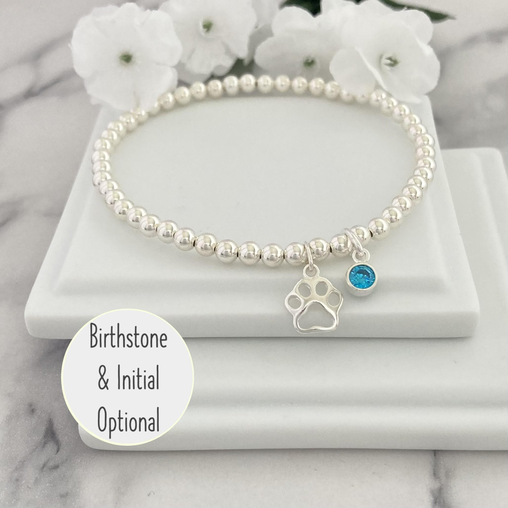 Sterling Silver Paw Print Bracelet Personalised Gift Birthstone Initial Birthday Gift for Her Bracelet for Women Dog Paw Jewellery Etsy