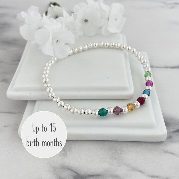 Family Birthstone Bracelet, Women's Sterling Silver Bead Bracelet, Birthday Gift for Mum or Grandma, Stretch Bracelet