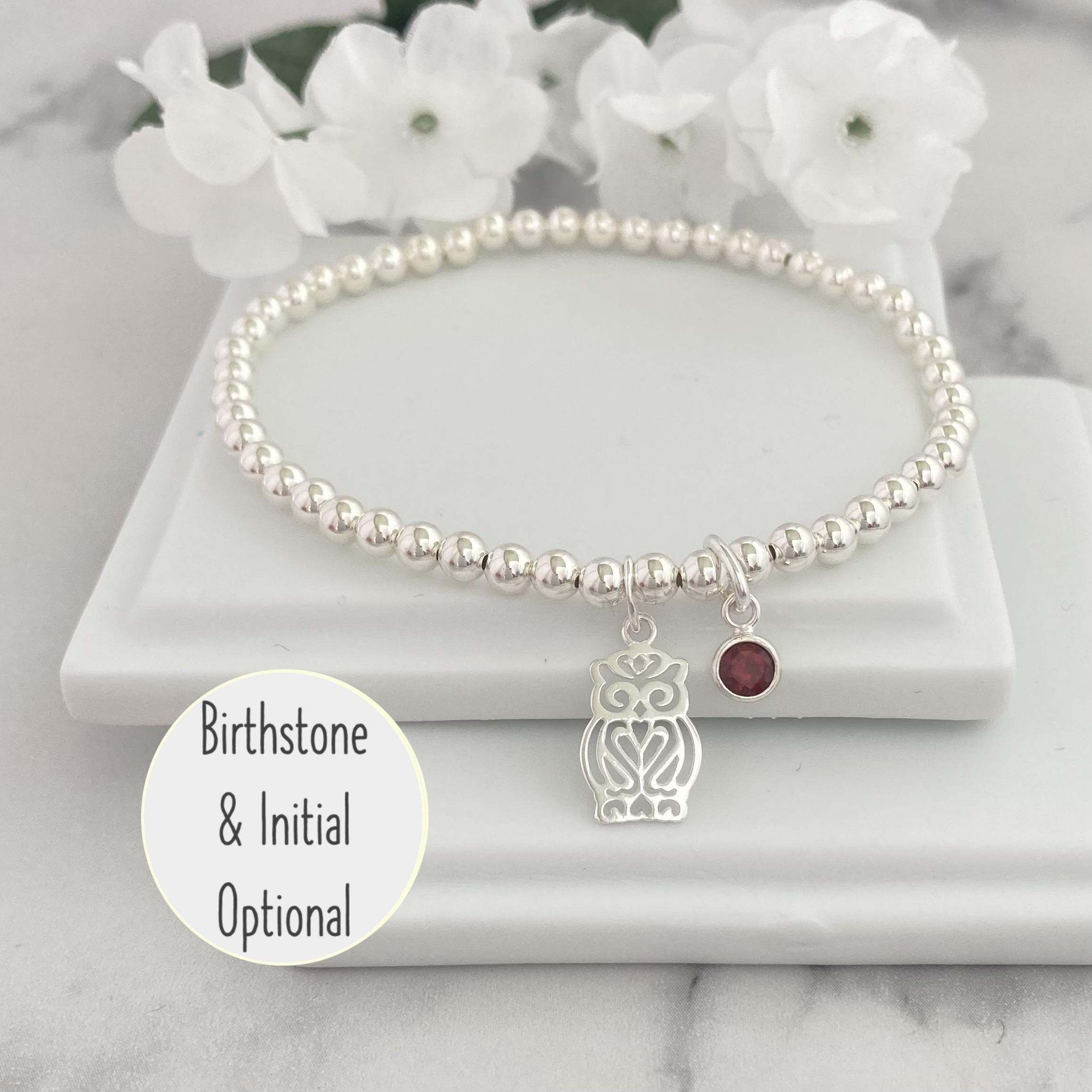 Sterling Silver Owl Bracelet, Graduation Jewellery, optional Birthstone & Initial Charms
