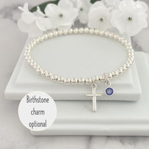 Sterling Silver Cross Bracelet with Birthstone, Christian Bracelet, Christian Gift, Religious Gift, Christian Jewellery