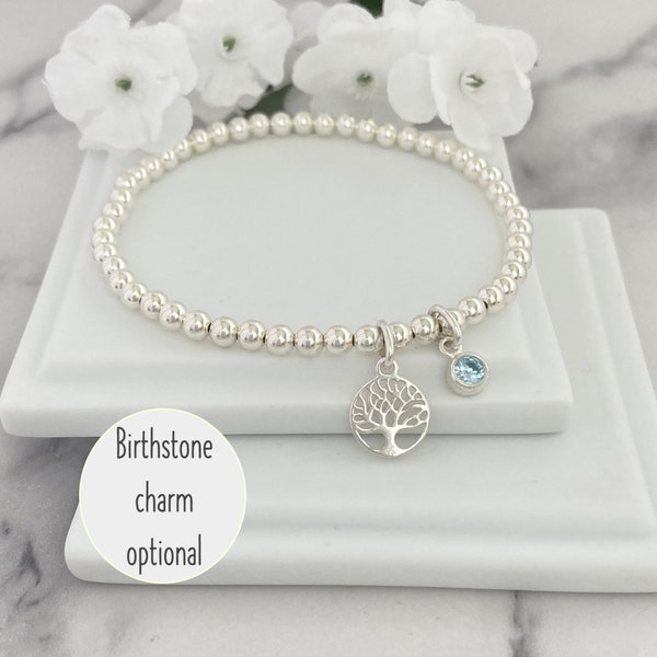 Sterling Silver Tree of Life Bracelet with Birthstone, Women Bracelet, Family Tree Gift for Her, Stretch Bracelet