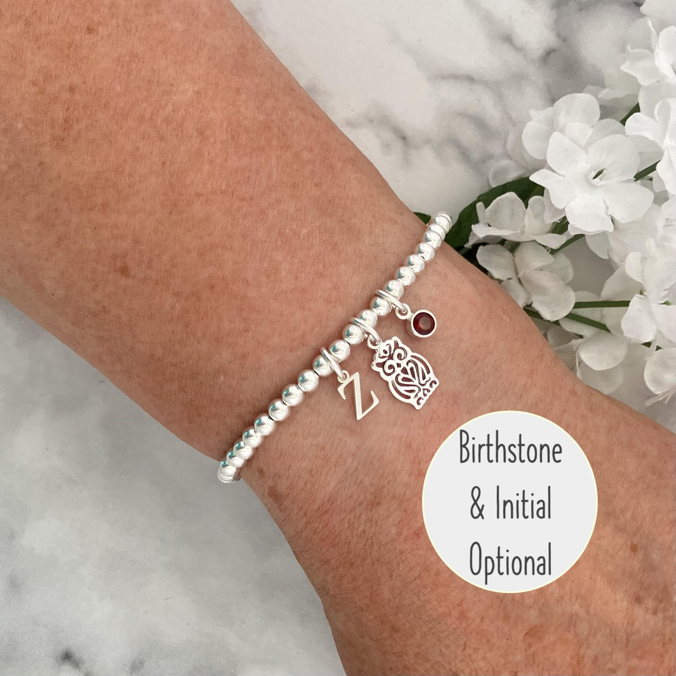 Sterling Silver Owl Bracelet, Graduation Gift, optional Birthstone & Initial Charms