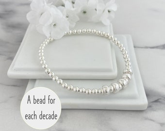 30th 40th 50th 60th 70th 80th 90th 100th Birthday Gift for Women, Sterling Silver Bead Bracelet, Birthday Bracelet, Gift for Her, Stretch