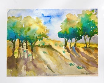 Original Watercolor Landscape Burns Oregon Triangle Park trees grass summer nature afternoon shadows