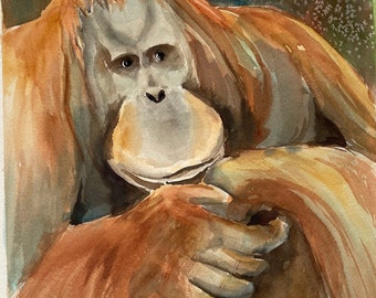 Original Watercolor Painting by Marylou Wilhelm of an orangutan, zoo animal art, nursery wall decor, safari decor, child's room