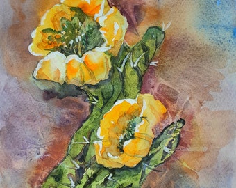 Original Watercolor Painting of Yellow Cactus Flowers by Marylou Finch Wilhelm, one of a kind, not a print