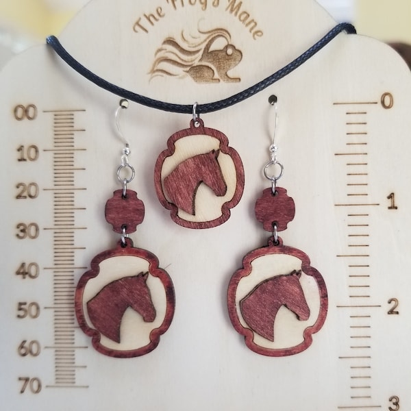 Horse Head, Horse Riders, Earrings & Pendant Layered Jewelry Set Custom Basswood, Made in the USA, Boho Groovy, Novelty Gift