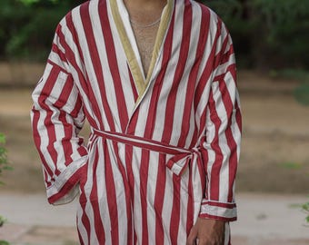 Men’s Cotton Kimono Robe, Reversible Striped Boho Loungewear, Lightweight Spa Beach Resort Outfit with Pockets, One Size Breathable Bathrobe