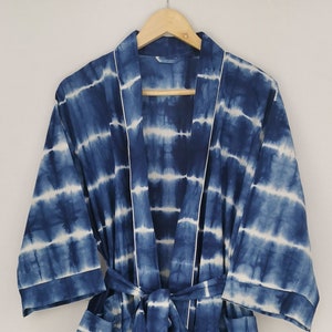 Indigo Tie Dye Cotton Kimono Robe: Boho Beach Coverup