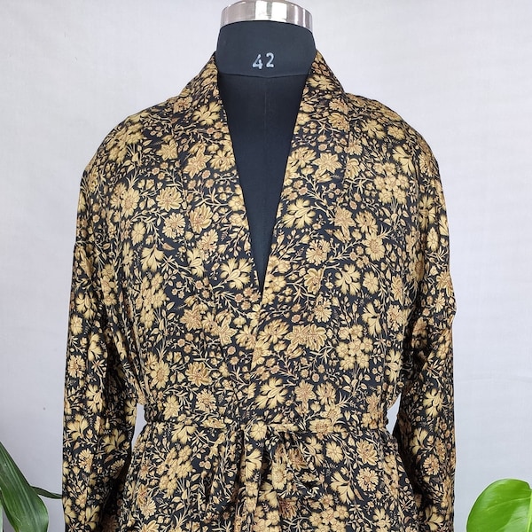 Boho zachte zijden kimono voor heren | Luxe zwartgouden bloemen | Perzische koning Regal Romance Beach Artist Wear Perfect voor heden | Bestseller