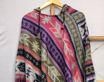 Hand Loomed Yak Wool Blend Poncho: Geometric Boho Hooded Wrap