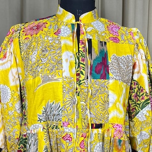 Vestido largo bohemio de algodón: patchwork estampado a mano, estilo años 70.