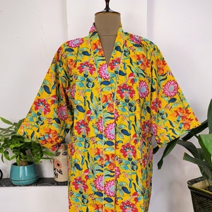 Handprinted Cotton Kimono Robe: Yellow Floral Boho Cover-Up