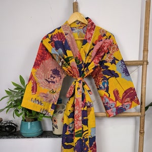 Handprinted Cotton Kimono Robe: Yellow Floral Boho Beach Cover-Up