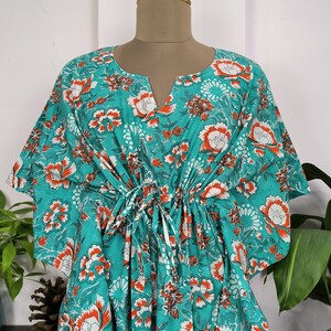 Pure Cotton Kaftan Summer Kimono Indian Tie Dye Printed Beach Coverup, Comfy Maternity Mom, Turquoise Floral Dress Her Birthday Anniversary