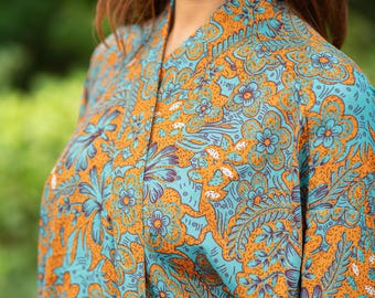 Bohemian New Silk Sari Kimono Women | Regal House Beach Robe | Elegant Orange Pink Blue Floral | Black Friday Discount | Christmas Gifts