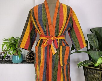 Handmade Reversible Kantha Stitch Kimono Jacket: Patchwork Cotton Robe