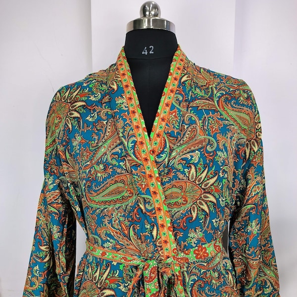 Boho Men Soft Silk Kimono, Man Regal House Beach Robe, Persian King Paisley Elegant Blue Red Hues, Romantic Anniversary Gift Him Eco fashion