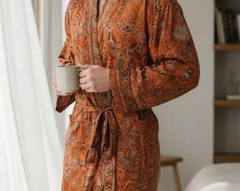 Men's Silky Soft Kimono Robe, Floral Persian Brown Orange Beach Cover Up