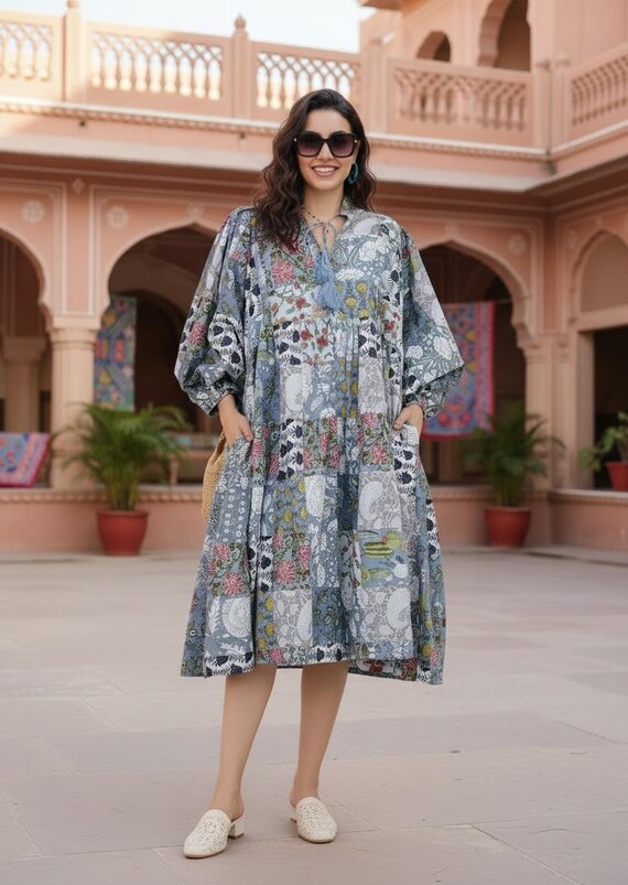 boho modest dress Maxi With Sleeves | Handmade Patchwork Long Flowy Beach Dress, One-of-a-kind Elegant Retro Outfit, Dress With Pockets goddess boho wedding dress