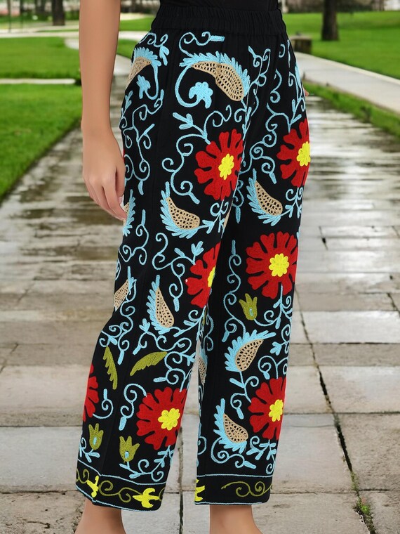 Embroidered Suzani Harem Pants: Boho Festival Lounge Pants With