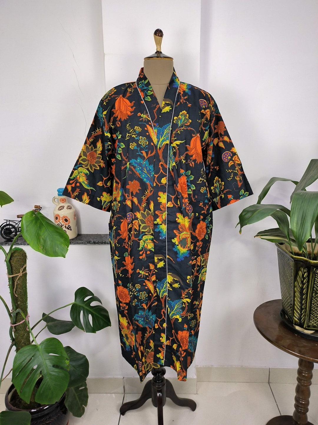 Handmade Boho Fishbone Stamped Robe in Organic Cotton