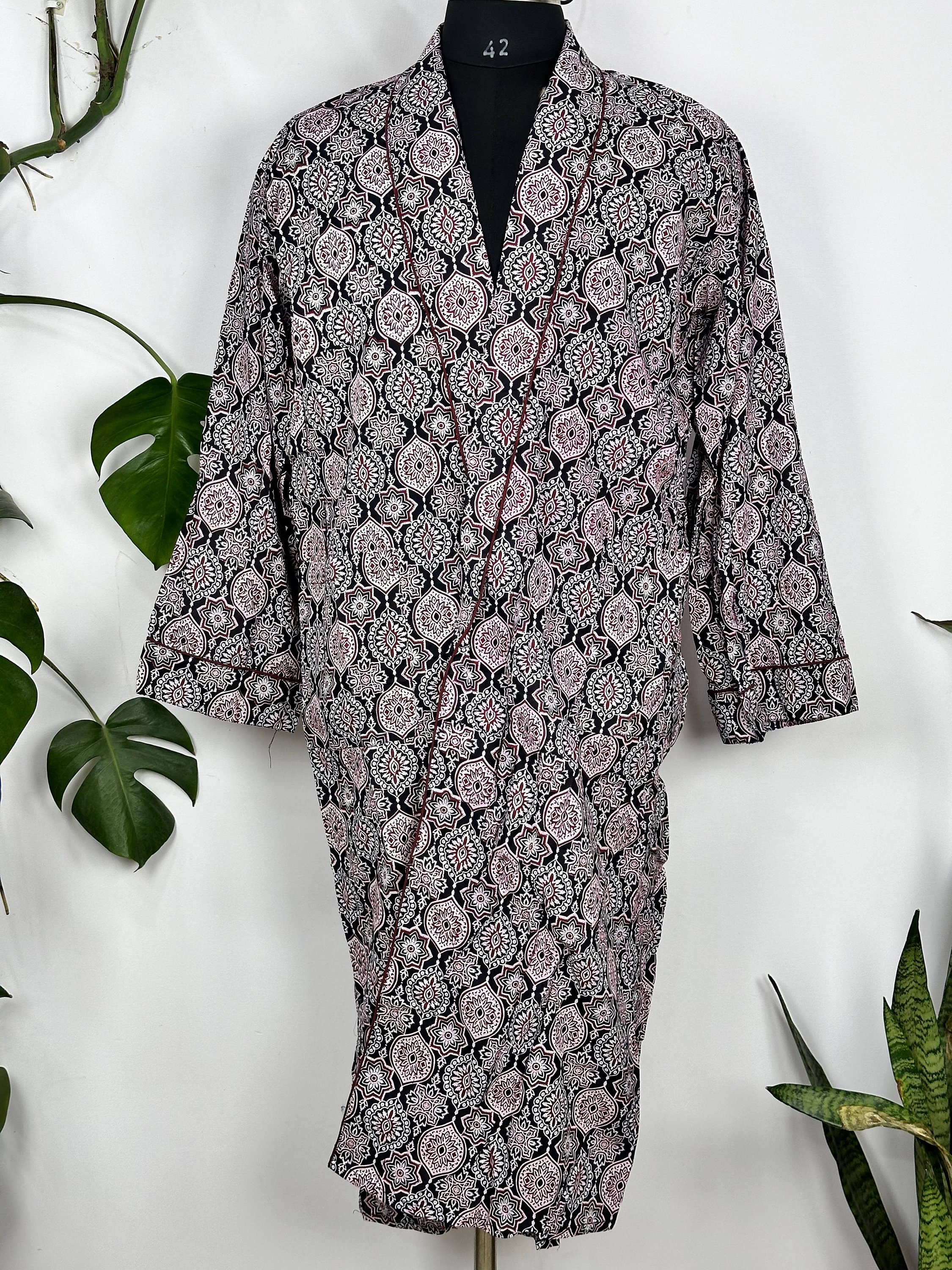 Mens Cotton Kimono Robe: Hand Block Print Boho Dressing Gown