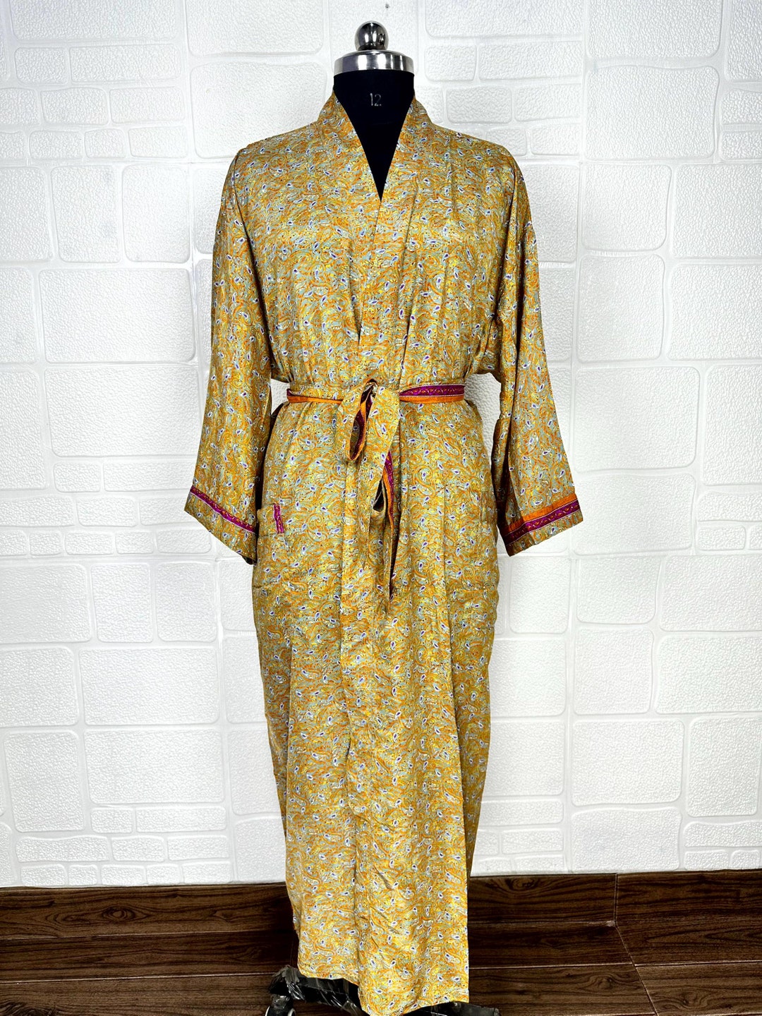 Sari Robe Vintage Silk Sari Kimono Robe: Leaf Print Boho Dressing Gown - Etsy