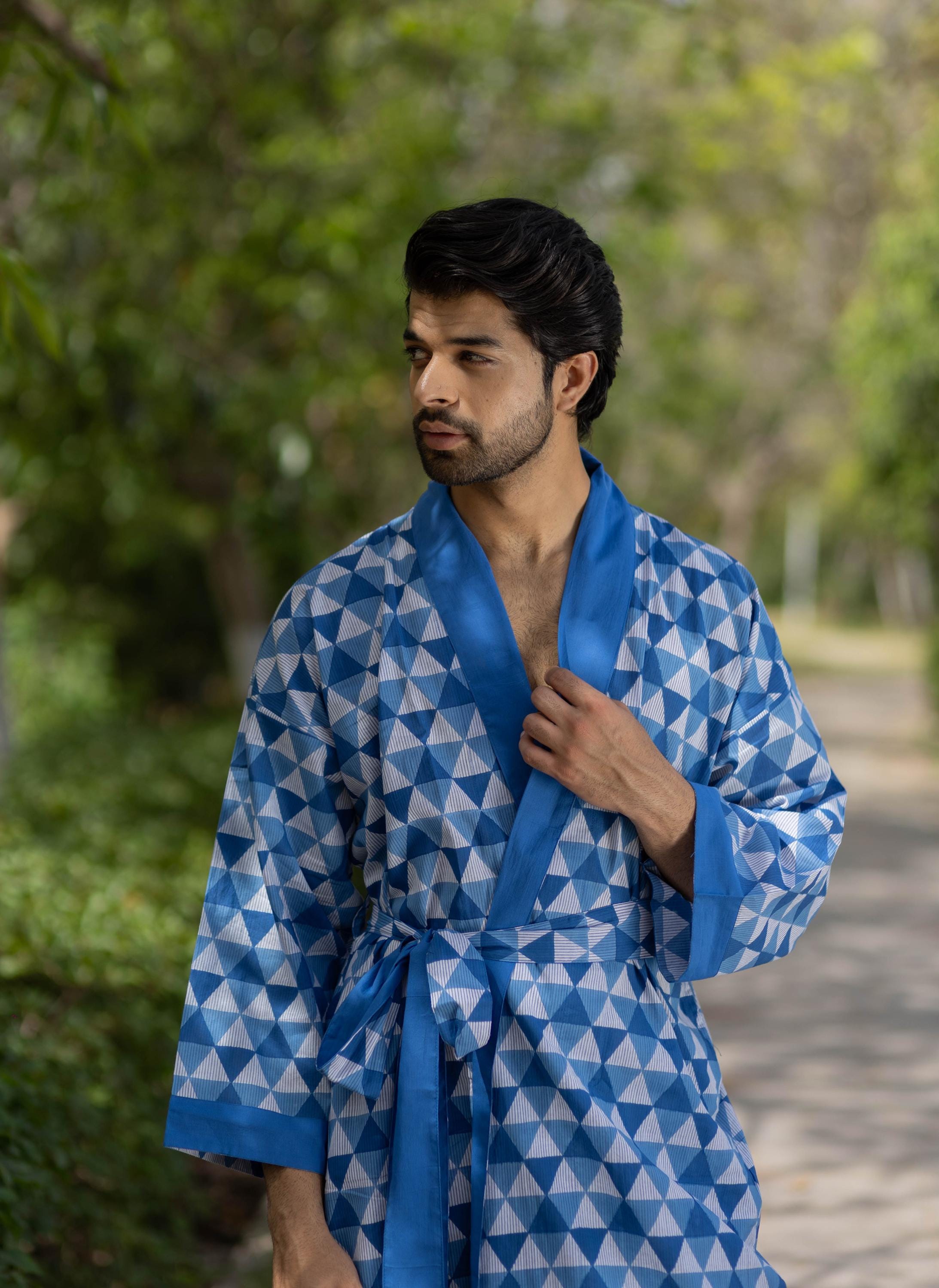 Pure Cotton Boho Mens Kimono Robe, Geometric Japan Haori, Reversible Bathrobe Men Dressing Gown Summer Relaxed Fit Loungewear, Beach Coverup