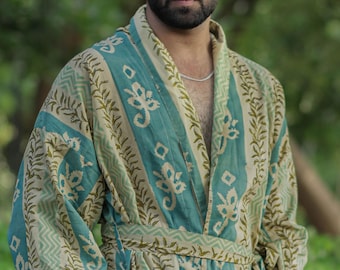 Men’s Striped Cotton Kimono Robe, Long Boho Loungewear with Pockets, One Size Lightweight Breathable Spa Beach Resort Cover Up Dressing Gown