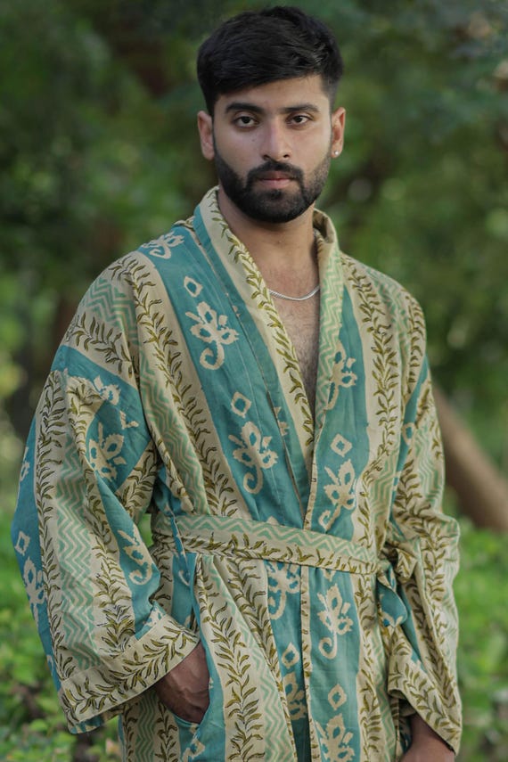 mens summer dressing gowns cotton Lightweight Men's Bathrobe - Pacific