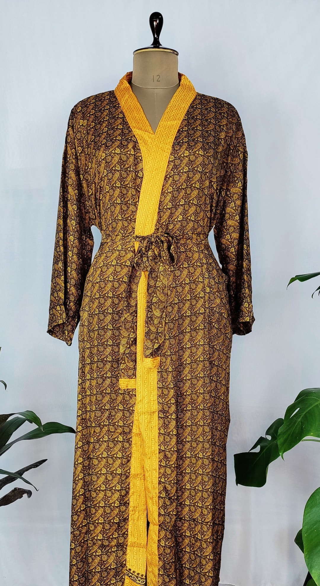 Mustard Yellow Robe Vintage Silk Kimono Robe: Golden Mustard Paisley Saree, Boho Beach ...