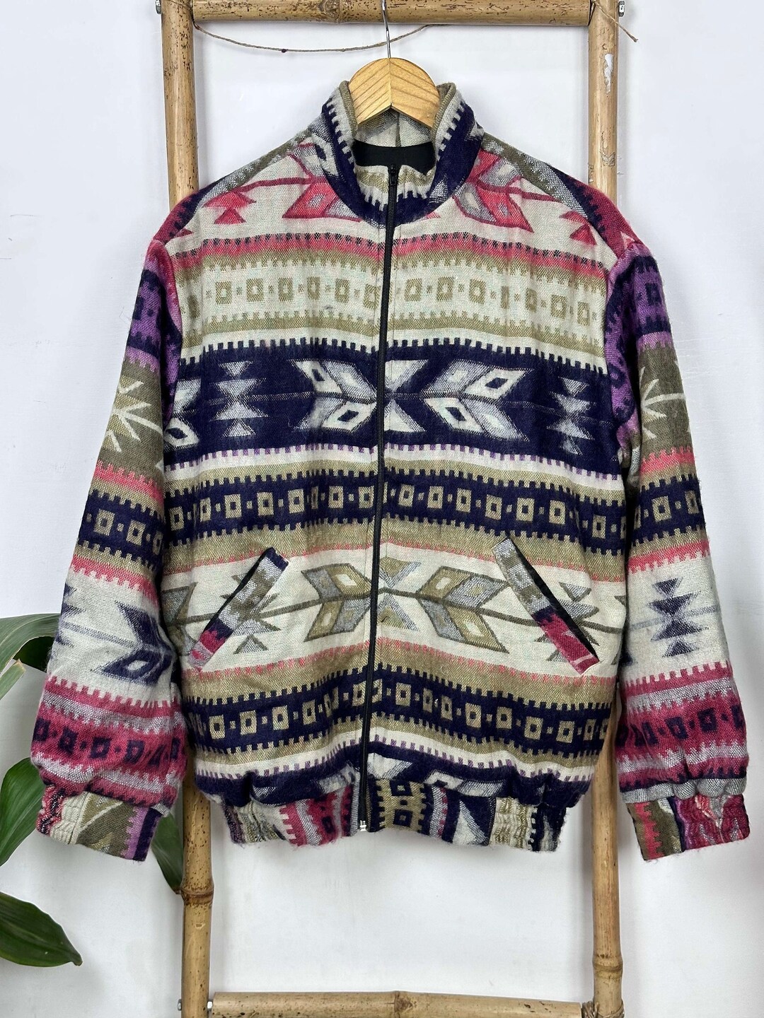 Yak Wool Blend Aztec Jacket: Geometric Print Bomber With Pockets - Etsy