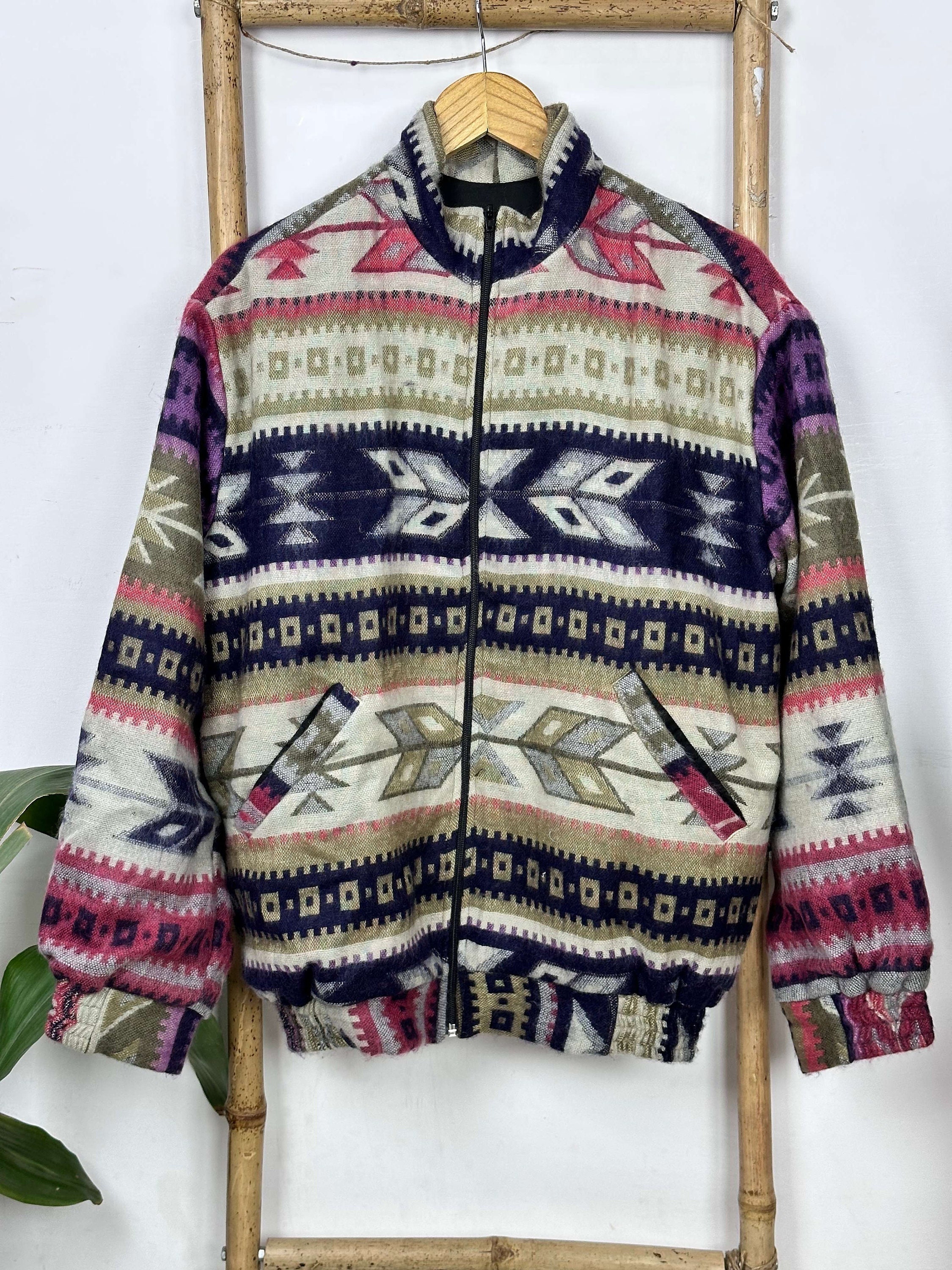 Yak Wool Blend Aztec Jacket: Geometric Print Bomber With Pockets