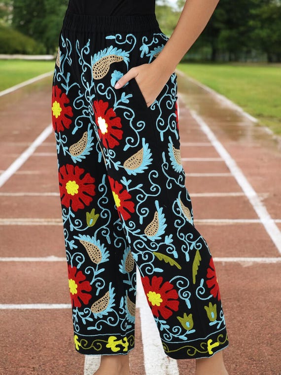 Embroidered Suzani Harem Pants: Boho Festival Lounge Pants With