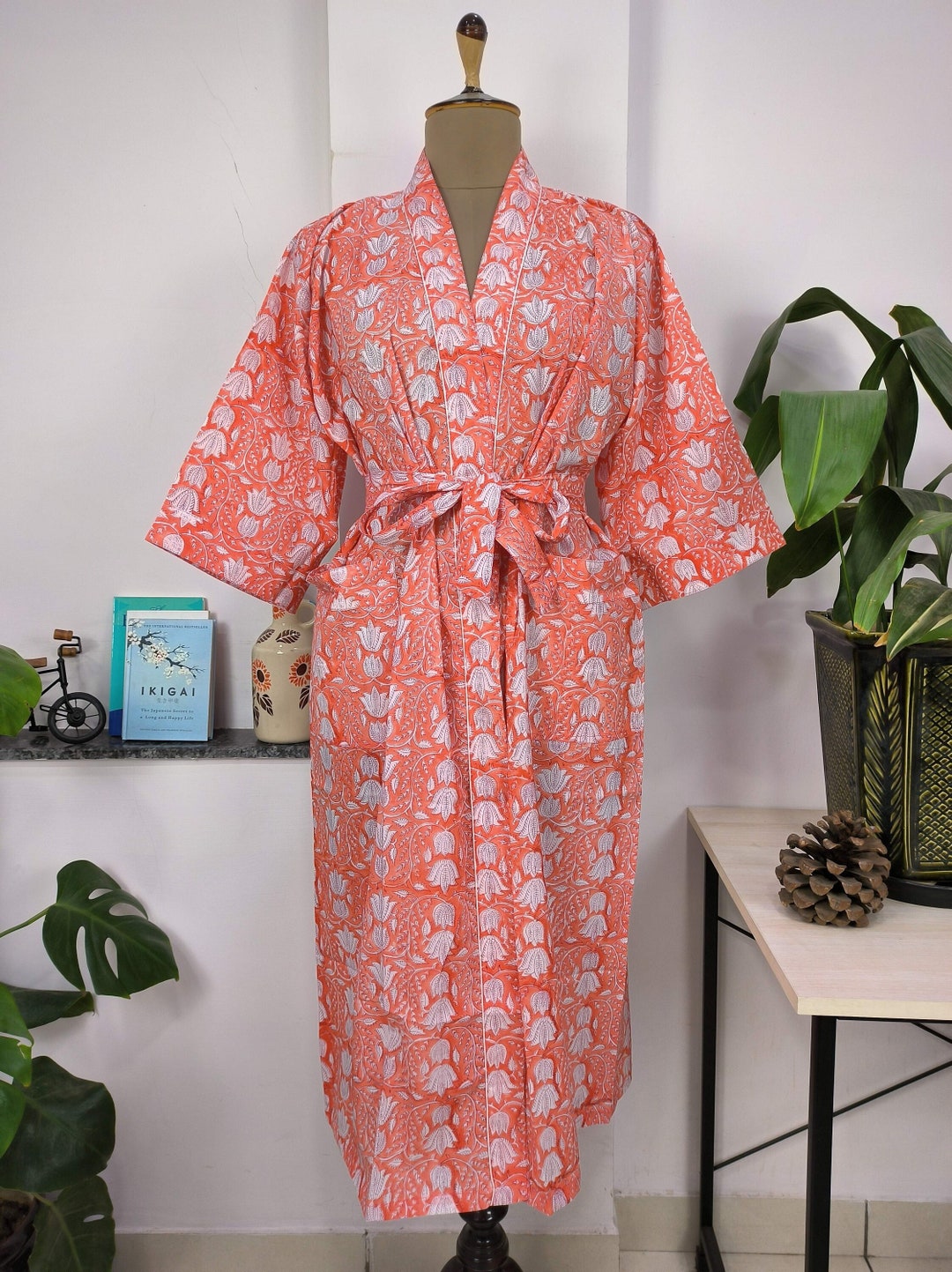 Handprinted Cotton Kimono Robe: Pink Sunrise Floral Bagh Print - Etsy