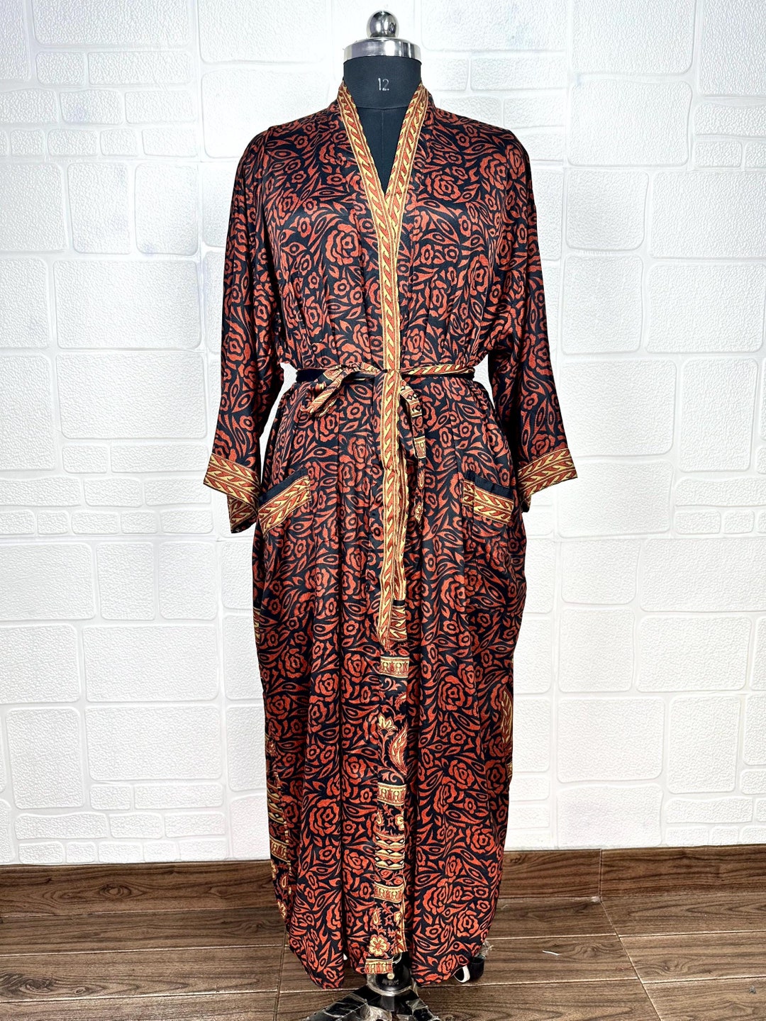 Sari Robe Vintage Silk Sari Kimono Robe: Floral Print Boho Dressing Gown - Etsy