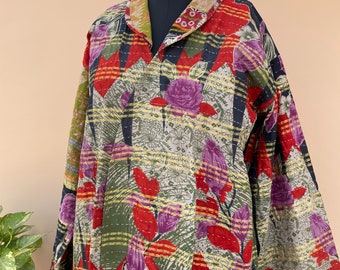Vintage Kantha Reversible Mid Length Boho Cotton Quirky Kimono | Sustainable Eco Friendly Vegan Gift Dressing Robe | Mid Night Floral Purple