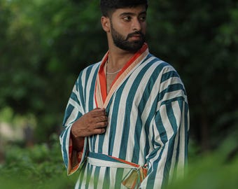 Men’s Long Cotton Kimono Robe, Striped and Reversible, Boho Loungewear with Pockets, One Size Breathable Lightweight Beach Resort Spa Outfit