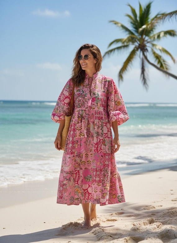 pink flowy beach dress Boho Maxi With Sleeves Mini dress