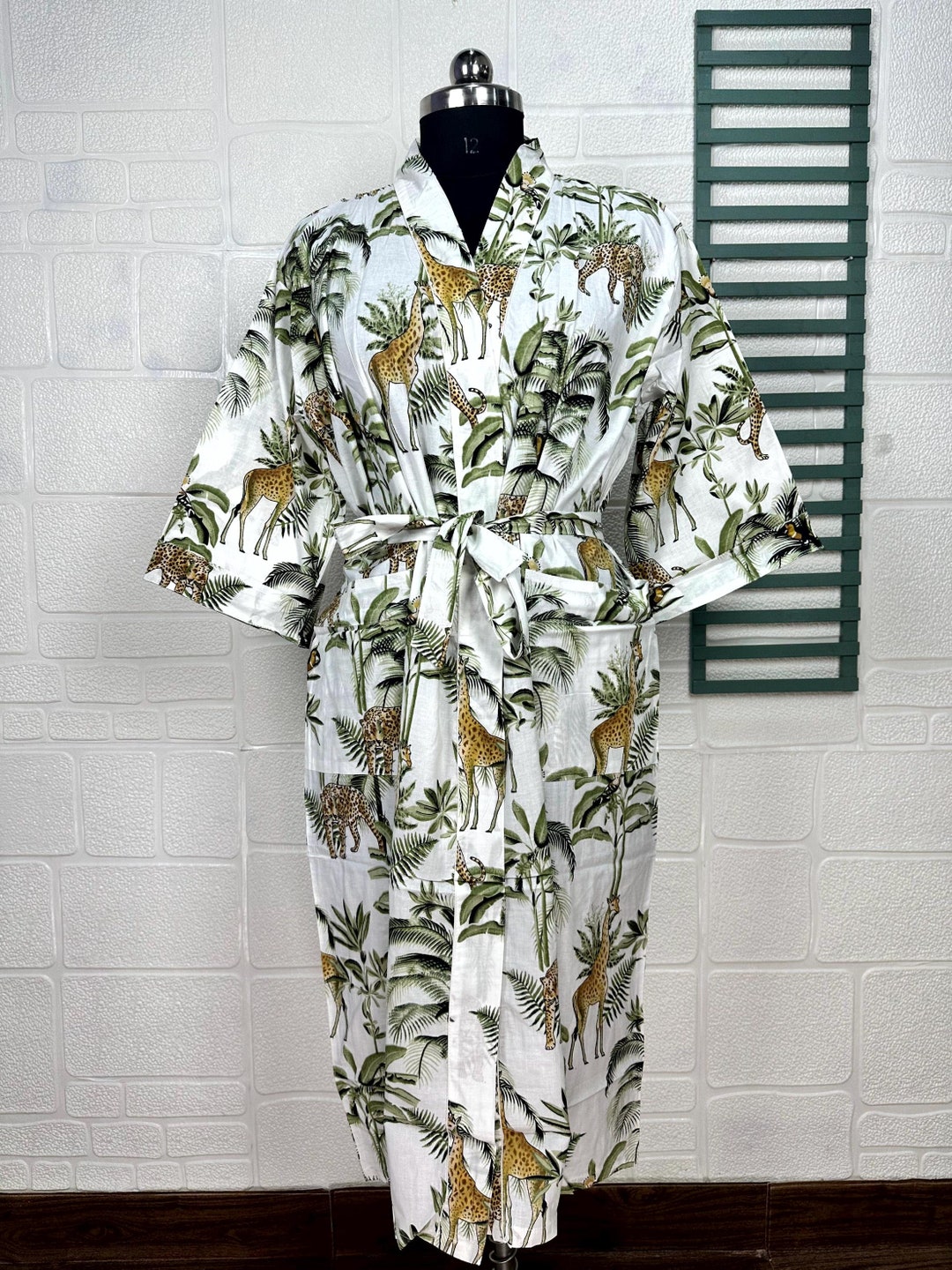 Boho Cotton Kimono House Robe Indian Handprinted Quicksand Jungle ...
