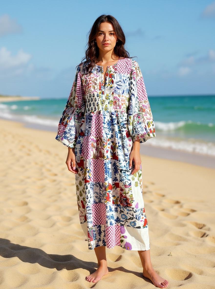 boho beach dress with sleeves Maxi | Handmade Patchwork Long Flowy Dress, One-of-a-kind Elegant Retro Outfit, Modest Gown With Pockets understated jewelry and a
