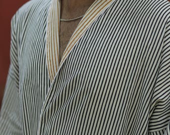 Men’s Striped Cotton Kimono Robe, Long Lightweight Sleepwear with Pockets, One Size Soft Breathable Spa Beach Resort Cover Up Dressing Gown