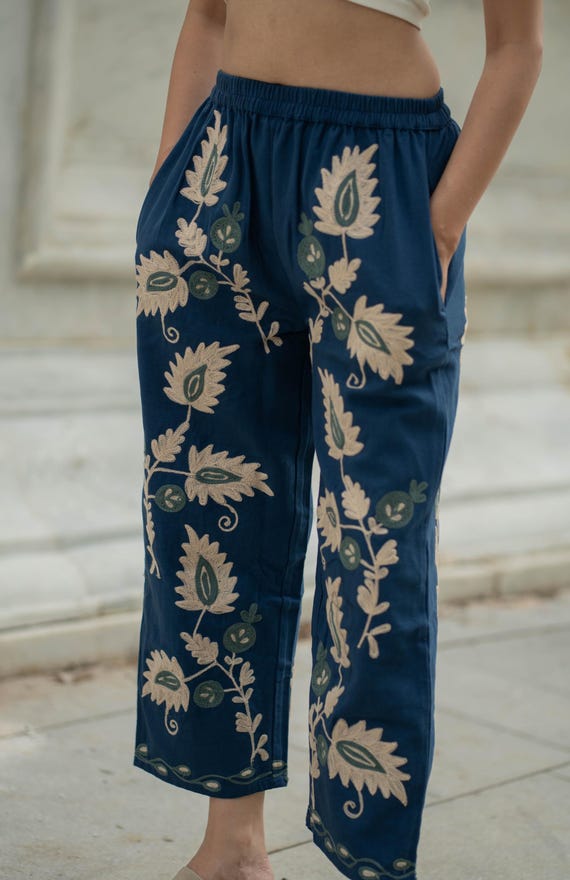 Cotton Suzani Embroidery Pant | Hand Embroidered Floral Women