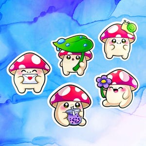May include: Five colorful cartoon mushroom stickers with different expressions and accessories. The mushrooms are pink and white with black eyes and smiling mouths. One mushroom has a green leaf on top, one has a snail, one has a flower, one has a heart, and one has a bubble tea.