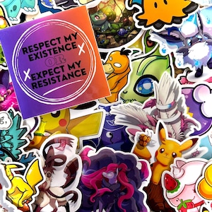 May include: A colorful collection of stickers featuring various cartoon characters, including a green and yellow creature, a purple and blue creature, a yellow and black creature, and a red and white creature. The stickers are arranged in a random pattern and include the text "Respect my existence or expect my resistance".